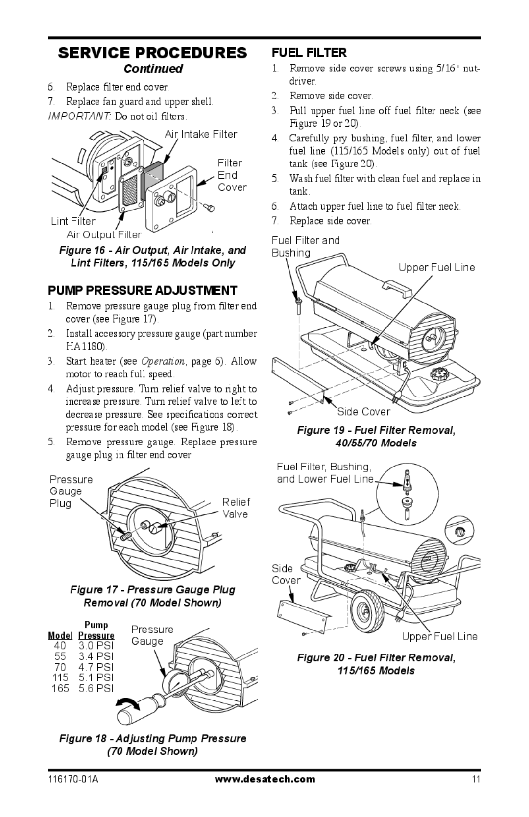 Desa RC55CT, BC55CT, BC115DT, BC165DT, UKC115DT, UKC70ET, BC70ET Pump Pressure Adjustment, Fuel Filter, Replace ﬁlter end cover 