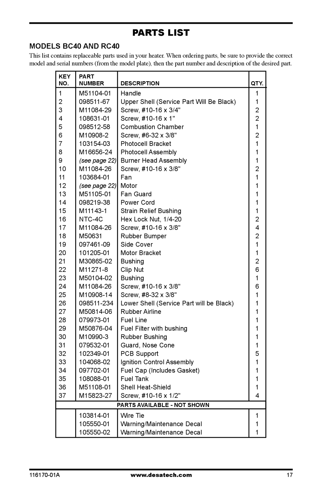 Desa UKC70ET, BC55CT, BC115DT, BC165DT, UKC115DT, UKC55CT, UKC165DT, BC70ET, RC115DT, RC165DT, RC40, RC55CT Parts List, NTC-4C 