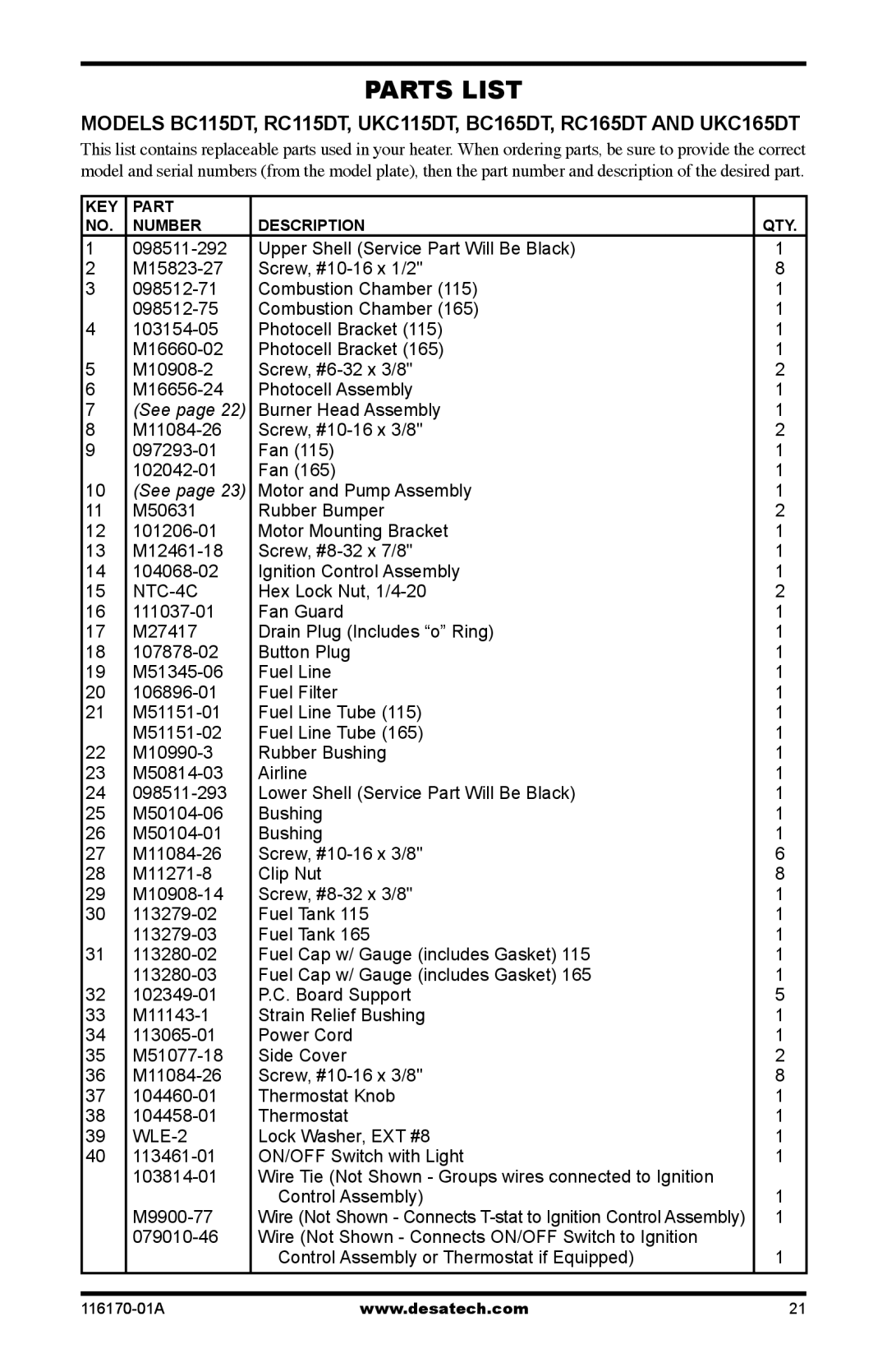 Desa RC115DT, BC55CT, BC115DT, BC165DT, UKC115DT, UKC70ET, UKC55CT Wire Not Shown Connects T-stat to Ignition Control Assembly 