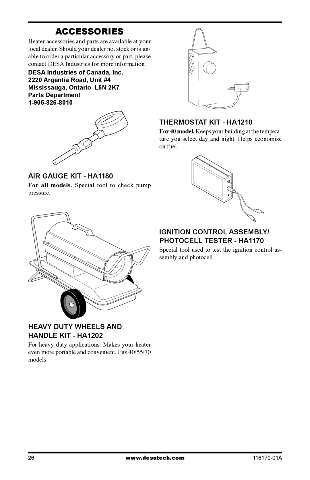 Desa BC55CT Accessories, Thermostat KIT HA1210, AIR Gauge KIT HA1180, Ignition Control Assembly Photocell Tester HA1170 