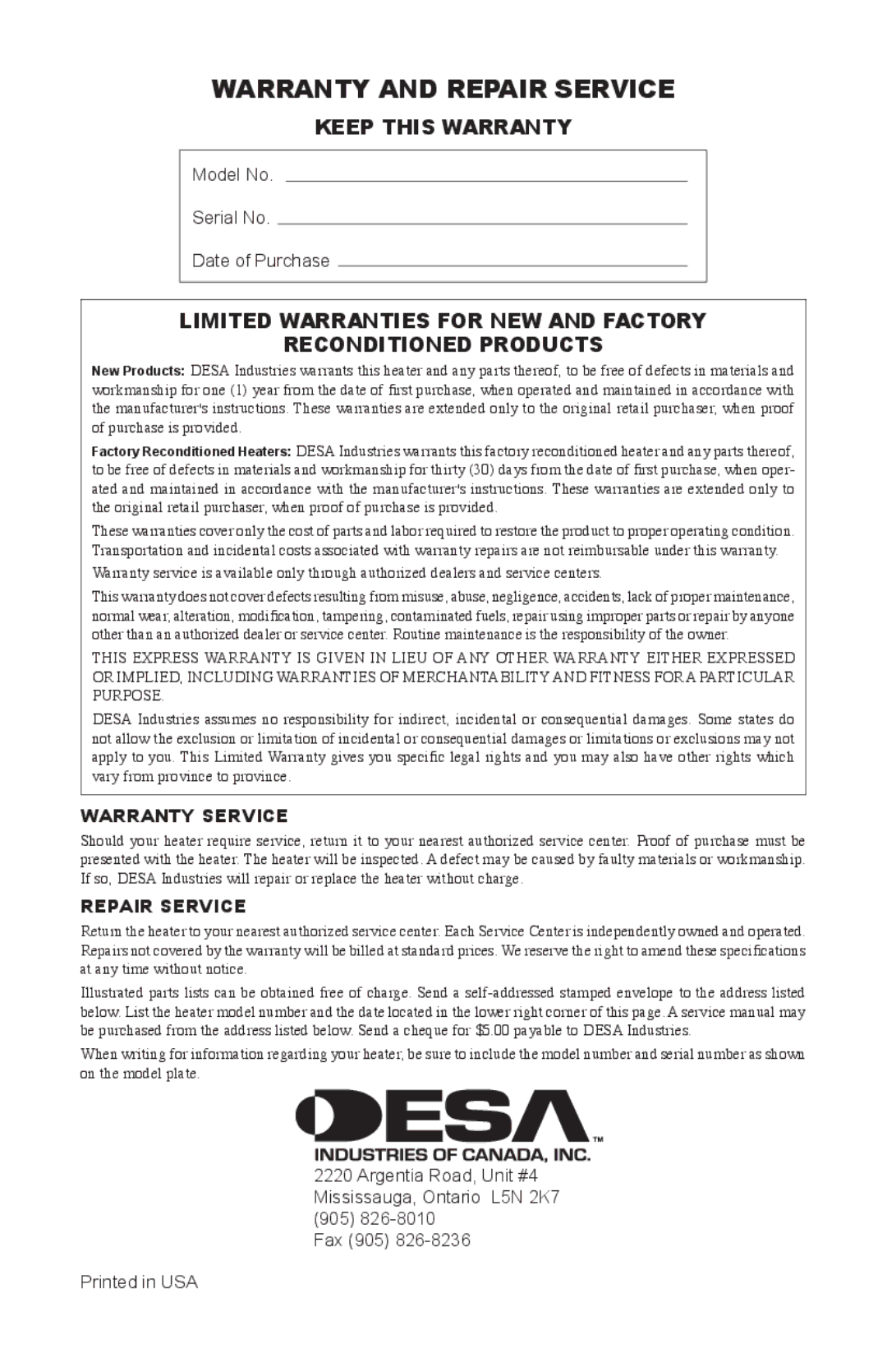 Desa BC165DT, BC55CT, BC115DT, UKC115DT, UKC70ET, UKC55CT, UKC165DT, BC70ET, RC40 Warranty and Repair Service, Keep this Warranty 