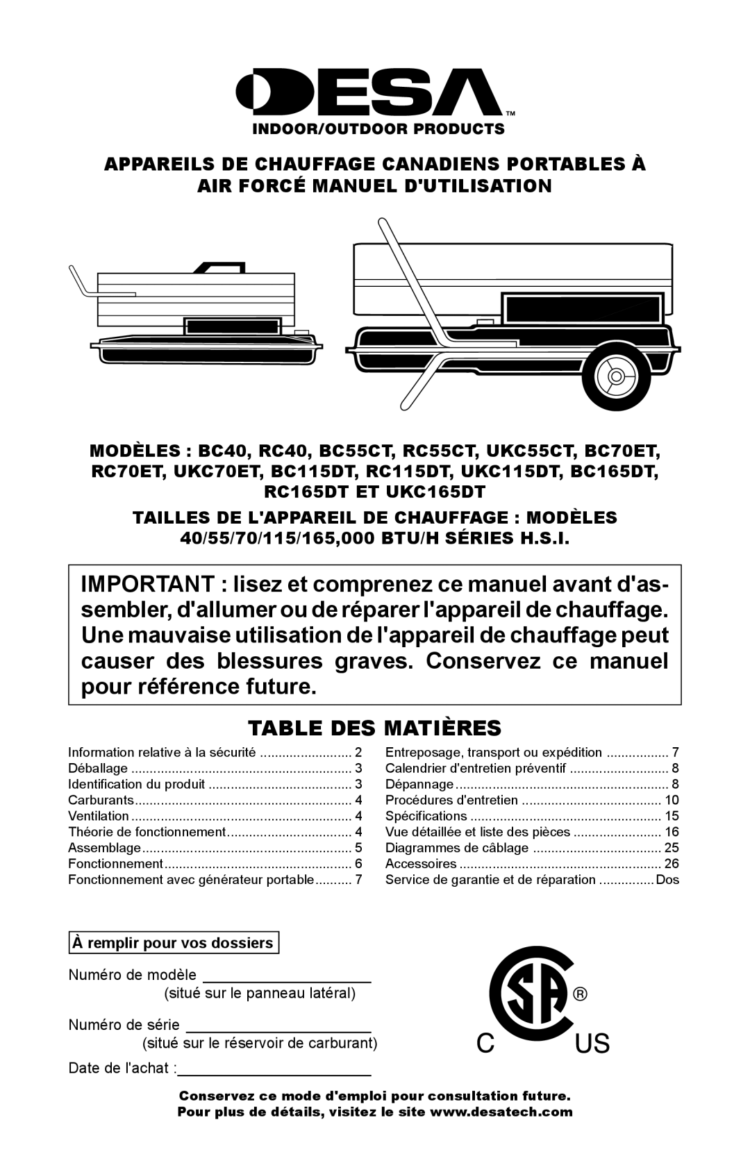 Desa UKC115DT, BC55CT, BC115DT, BC165DT, UKC70ET, UKC55CT, UKC165DT, BC70ET, RC40 Table DES Matières, Remplir pour vos dossiers 