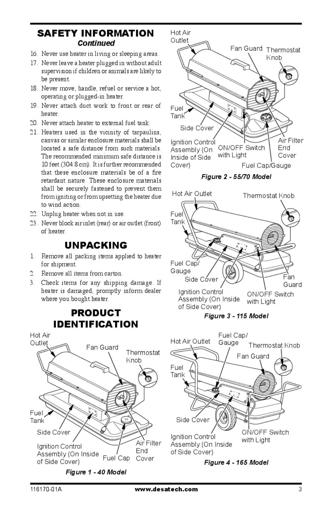 Desa UKC115DT, BC55CT, BC115DT, BC165DT, UKC70ET, UKC55CT, UKC165DT, BC70ET, RC115DT, RC165DT Unpacking, Product Identification 