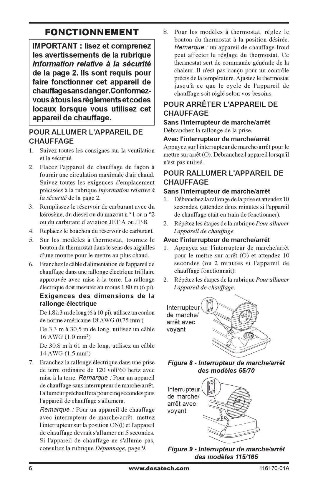 Desa RC115DT, BC55CT, BC115DT, RC40 Fonctionnement, Pour Allumer Lappareil DE Chauffage, Pour Arrêter Lappareil DE Chauffage 