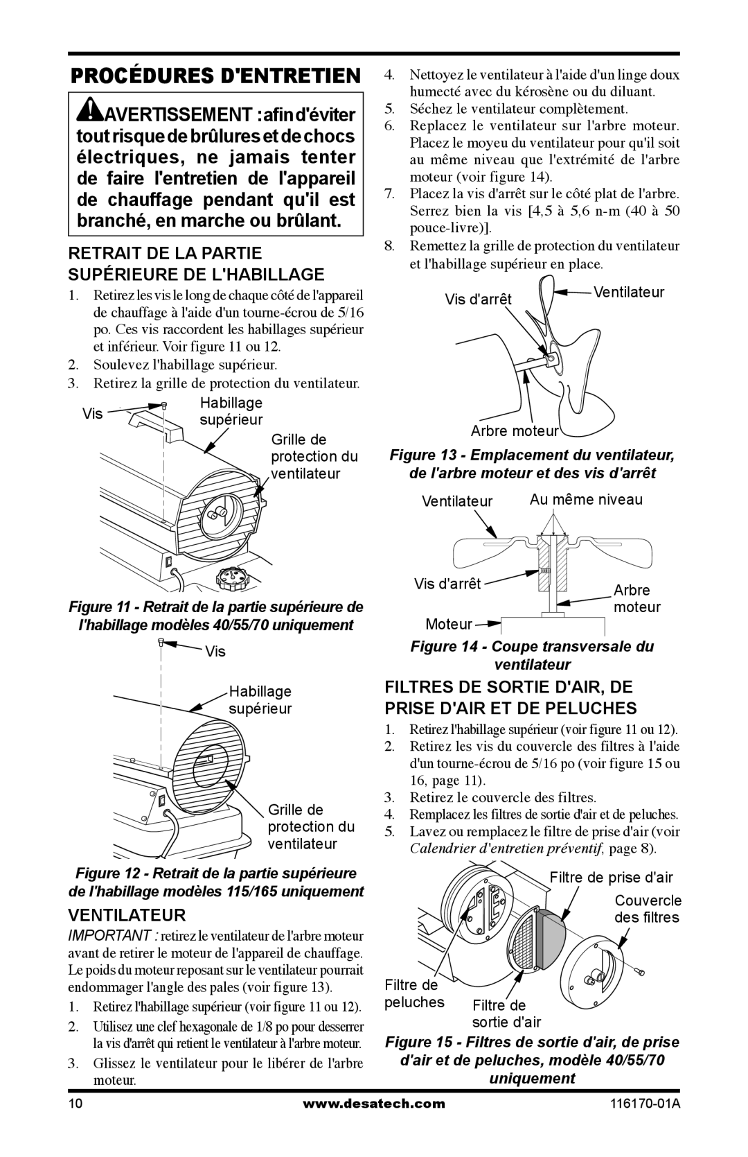 Desa RC70ET, BC55CT, BC115DT, BC165DT Retrait DE LA Partie Supérieure DE Lhabillage, Ventilateur, Filtres DE Sortie DAIR, DE 