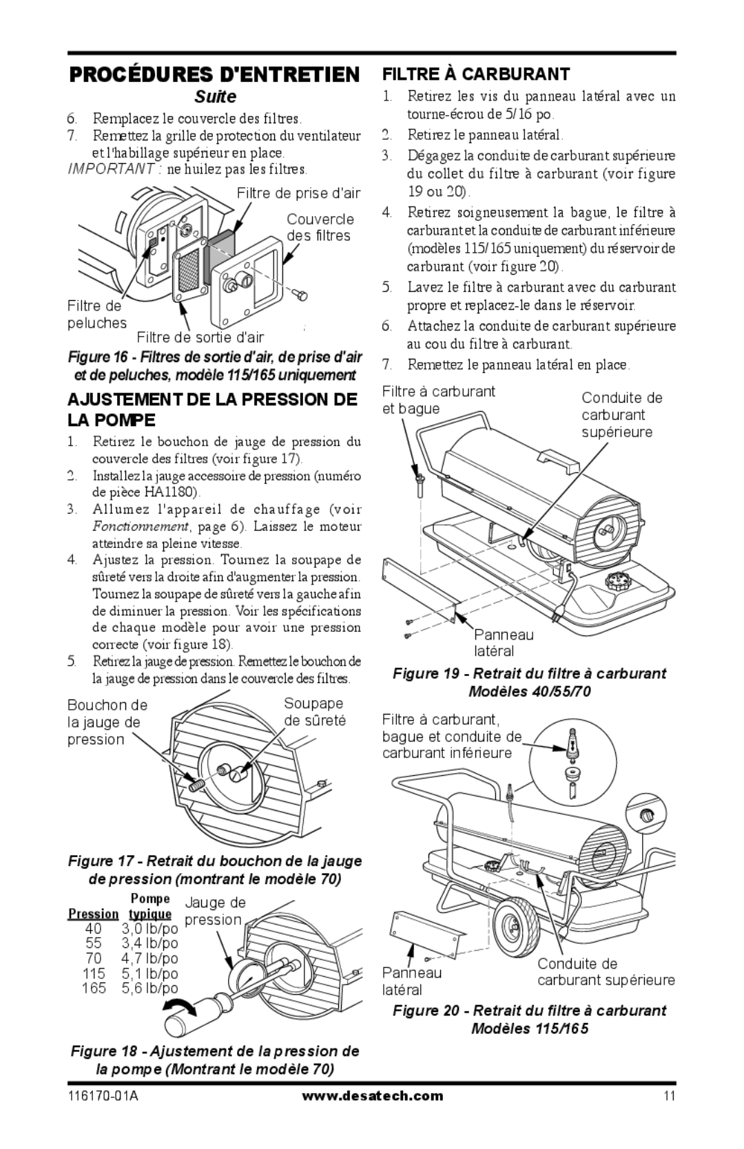 Desa BC55CT, BC115DT, BC165DT Ajustement DE LA Pression DE LA Pompe, Filtre À Carburant, Remplacez le couvercle des filtres 