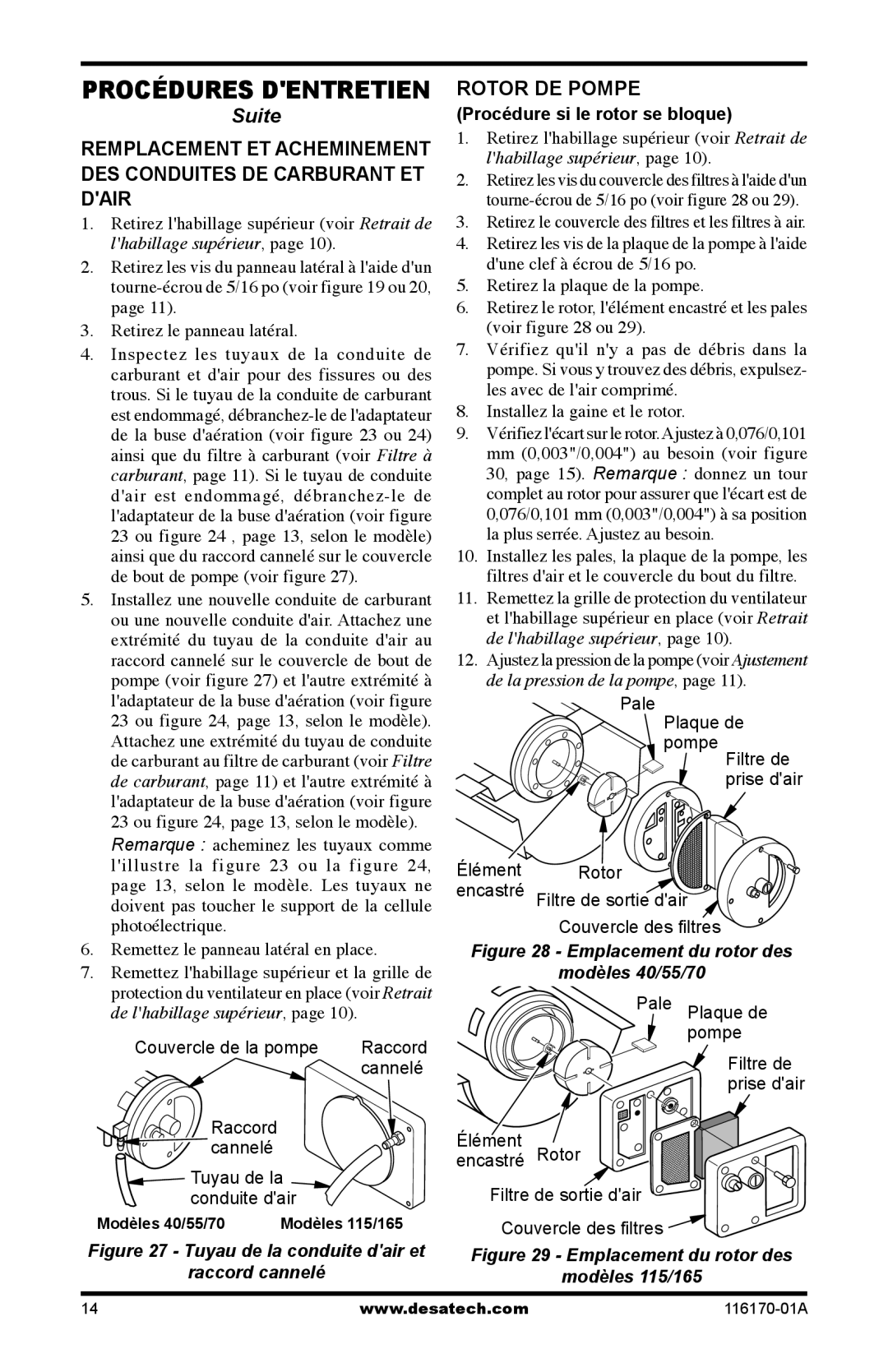 Desa UKC115DT, BC55CT, BC115DT, BC165DT, UKC70ET Rotor DE Pompe Procédure si le rotor se bloque, Tuyau de la conduite dair et 