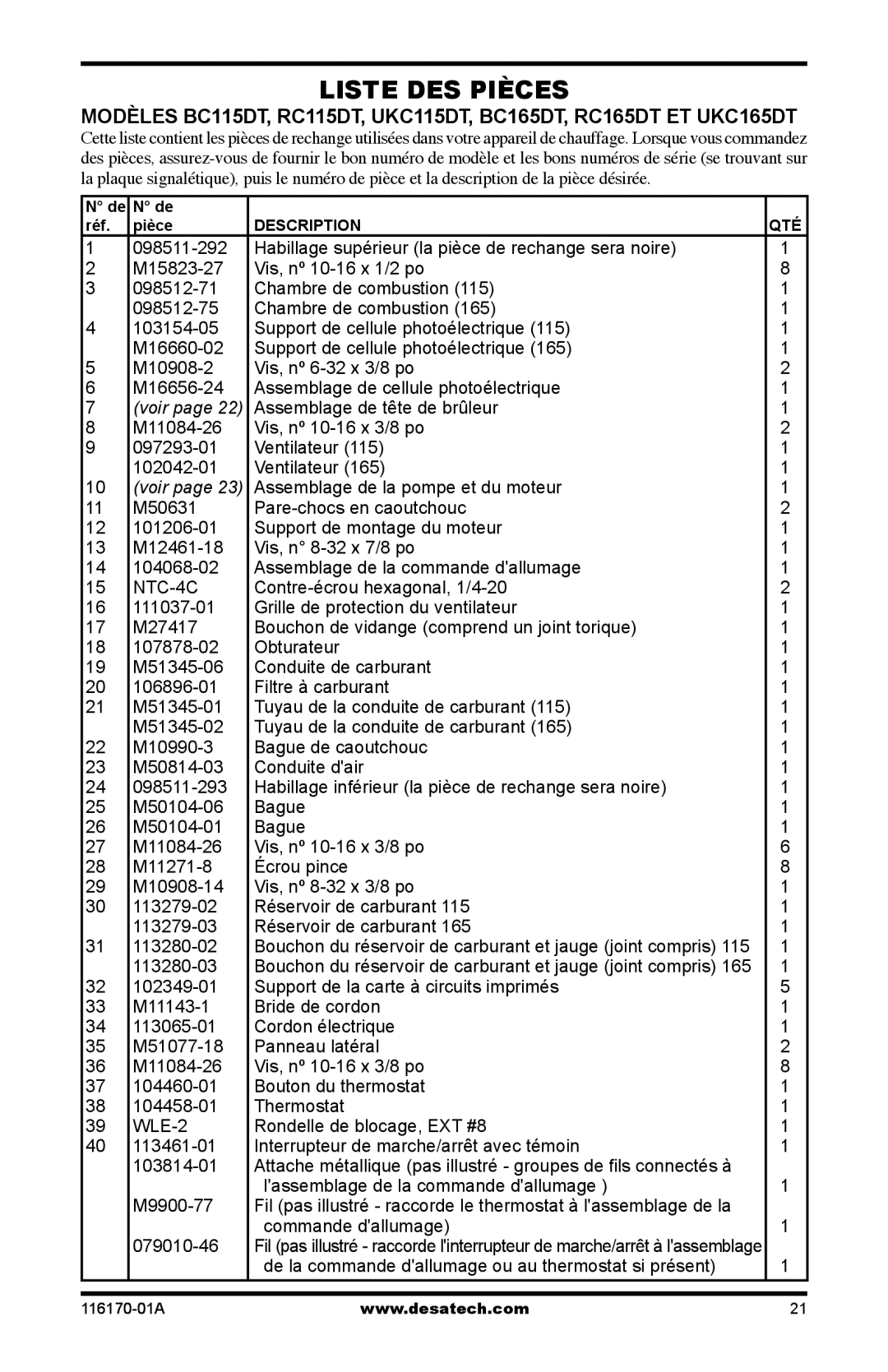 Desa RC40, BC55CT, BC115DT, BC165DT, UKC115DT, UKC70ET, UKC55CT, UKC165DT De la commande dallumage ou au thermostat si présent 