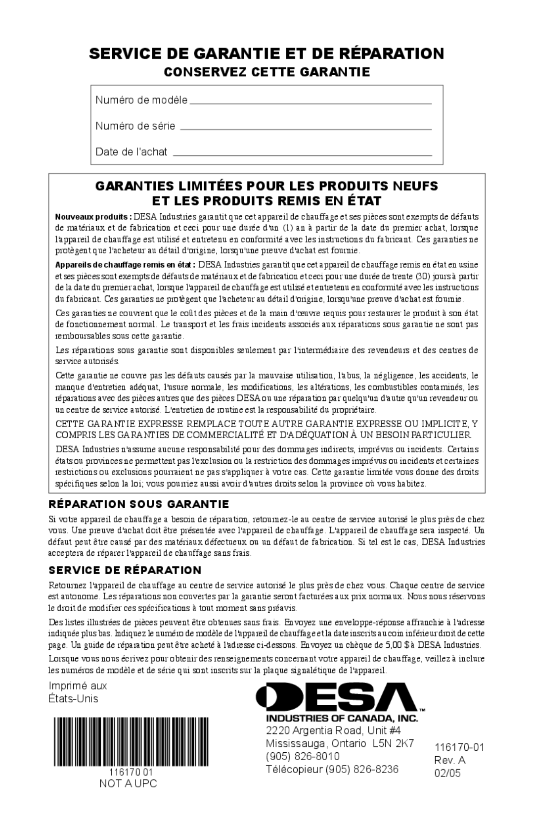 Desa UKC70ET, BC55CT, BC115DT, BC165DT, UKC115DT, UKC55CT, RC40 Service DE Garantie ET DE Réparation, Conservez Cette Garantie 