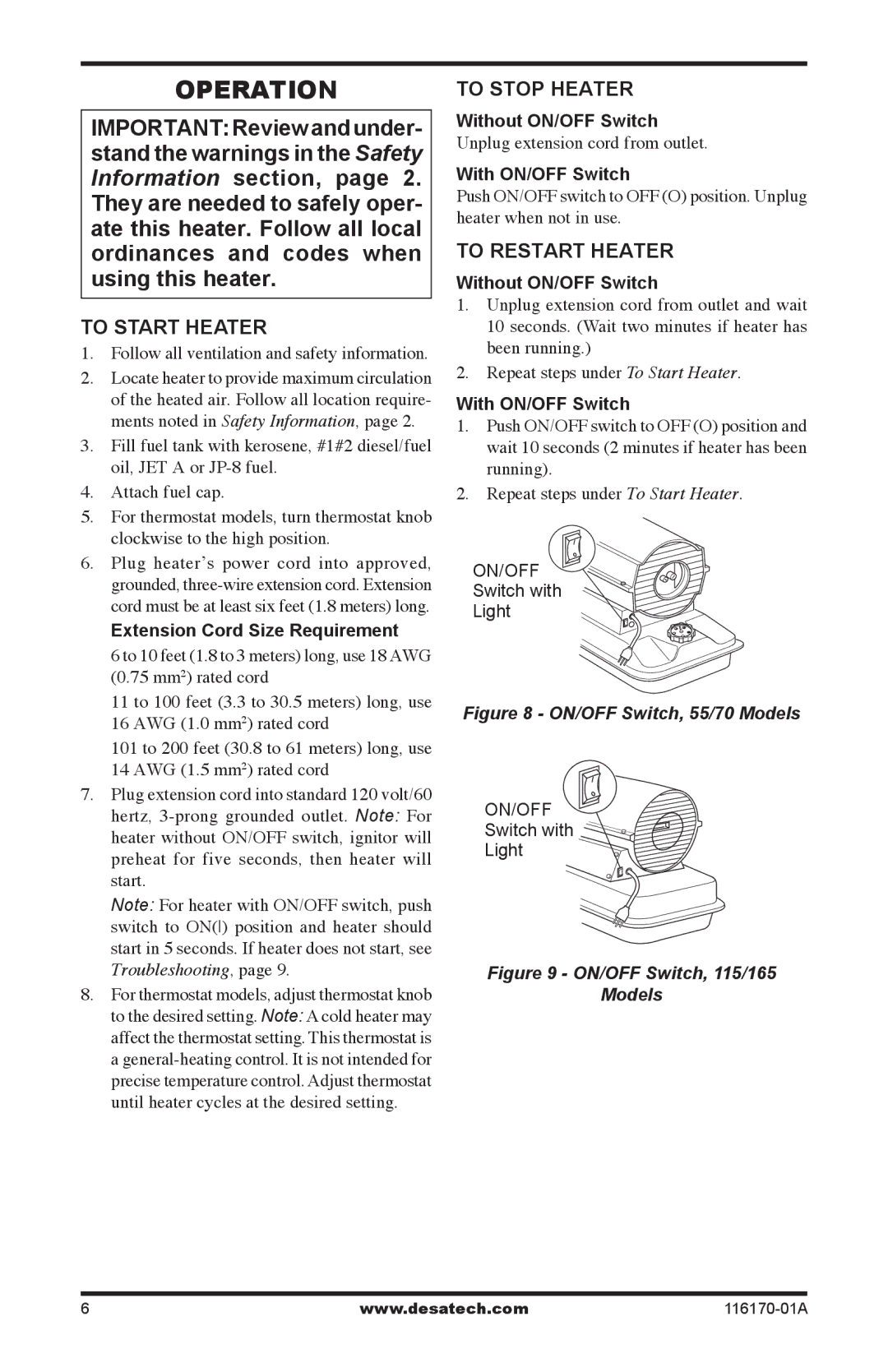 Desa UKC165DT, BC55CT, BC115DT, BC165DT, UKC115DT, UKC70ET, RC40 Operation, To Start Heater, To Stop Heater, To Restart Heater 