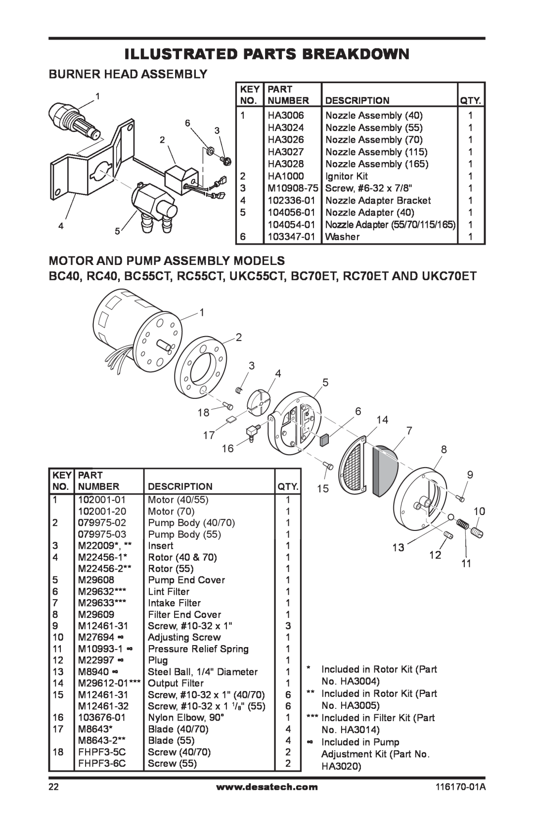 Desa RC165DT, BC55CT, BC115DT, BC165DT Illustrated Parts Breakdown, Burner Head Assembly, Motor And Pump Assembly Models 