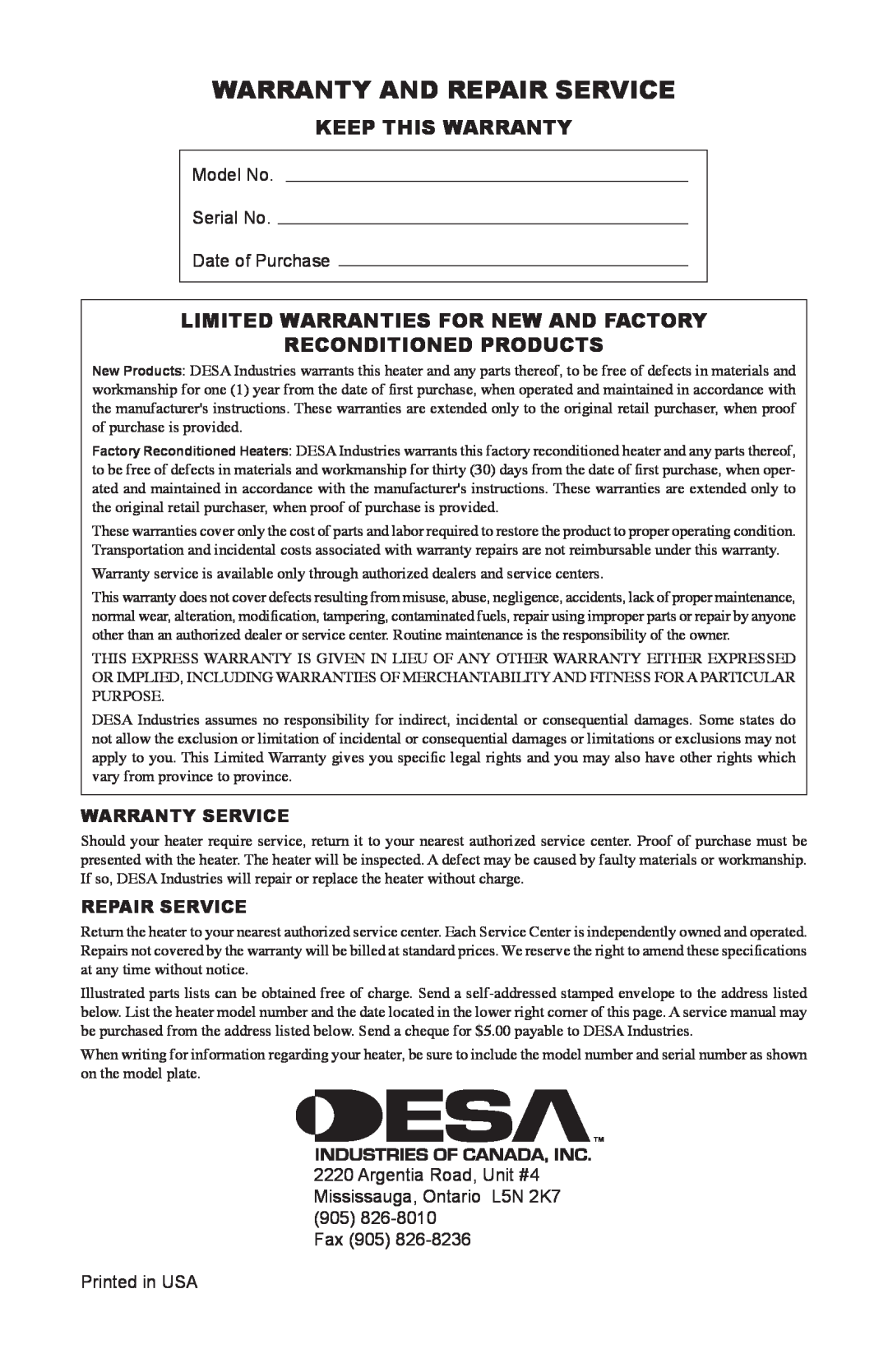 Desa BC165DT Warranty And Repair Service, Keep This Warranty, Limited Warranties For New And Factory, Warranty Service 