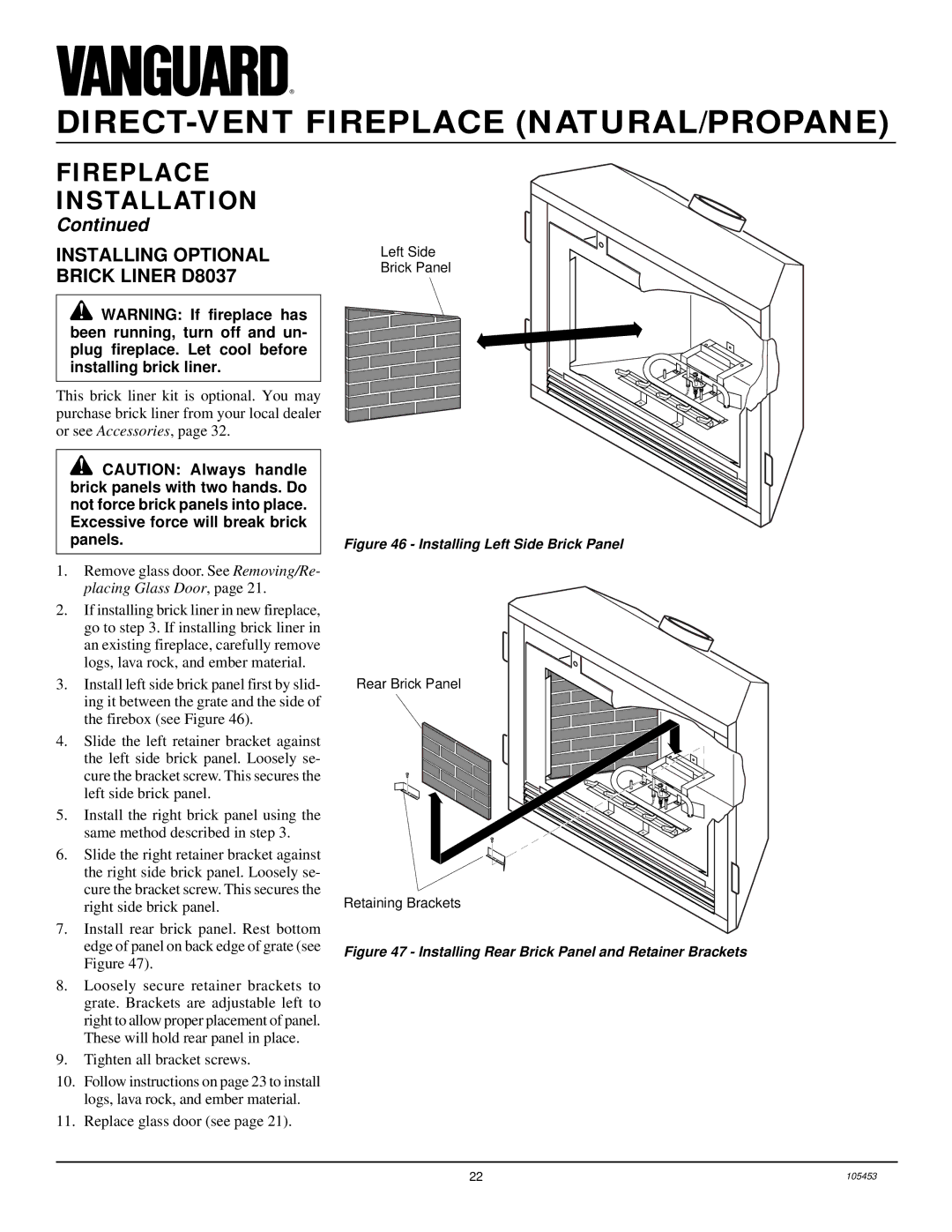 Desa BDV34N(A) installation manual Installing Optional Brick Liner D8037, Installing Left Side Brick Panel 