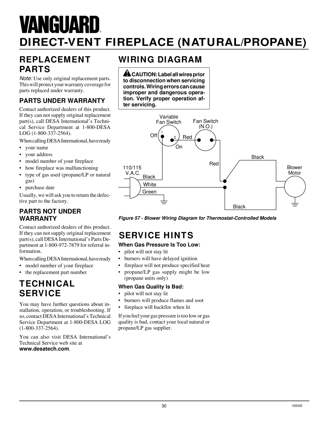 Desa BDV34N(A) installation manual Replacement Wiring Diagram Parts, Technical Service, Service Hints, Parts Under Warranty 