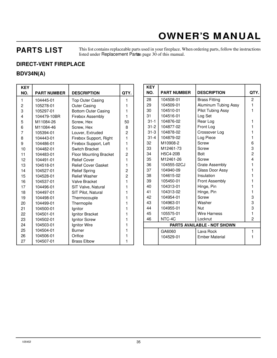 Desa BDV34N(A) installation manual Parts List, DIRECT-VENT Fireplace BDV34NA 