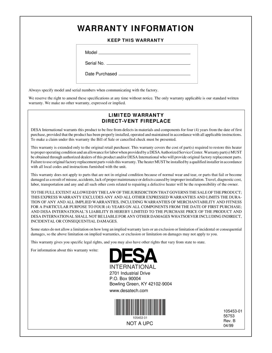 Desa BDV34N(A) installation manual Warranty Information 