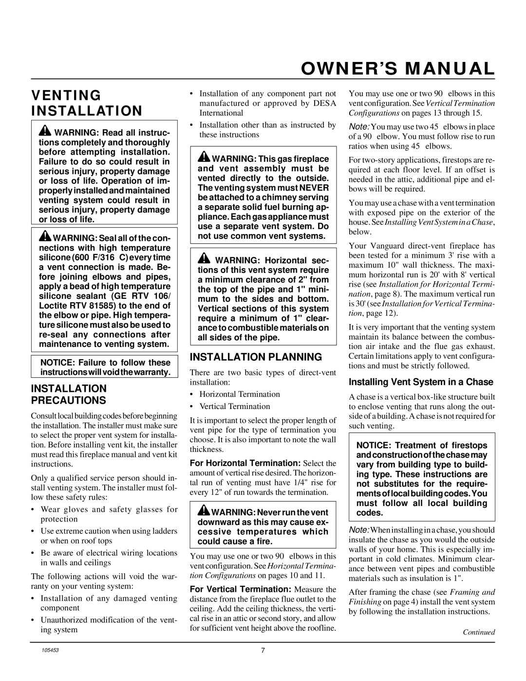 Desa BDV34N(A) Venting Installation, Installation Precautions, Installation Planning, Installing Vent System in a Chase 