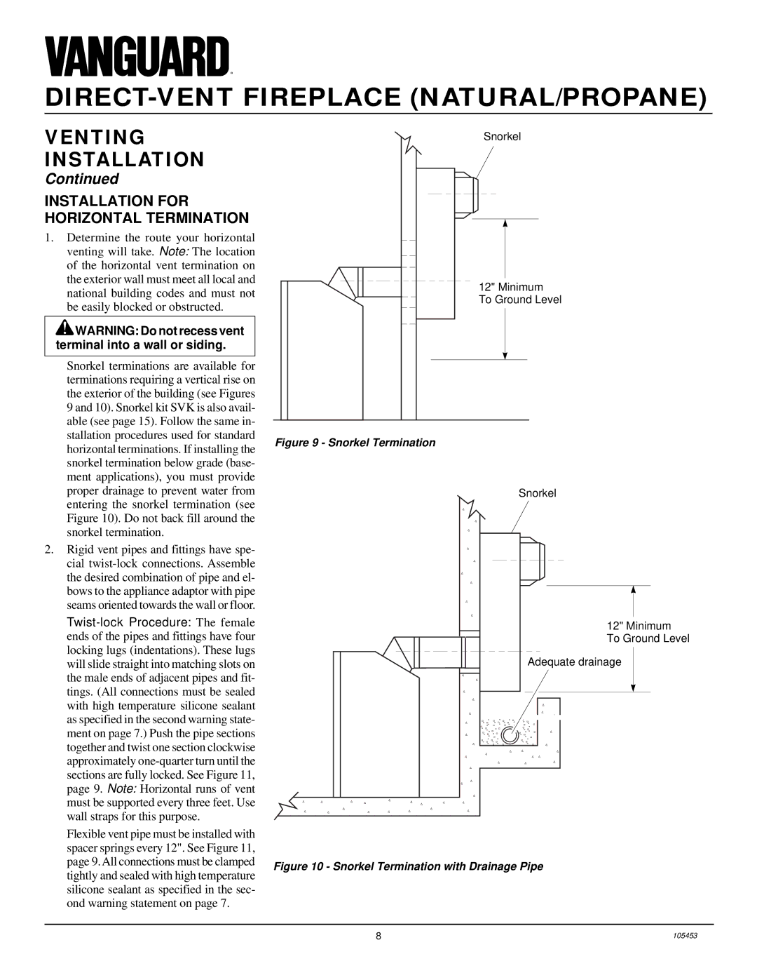 Desa BDV34N(A) installation manual Installation for Horizontal Termination, Snorkel Termination 