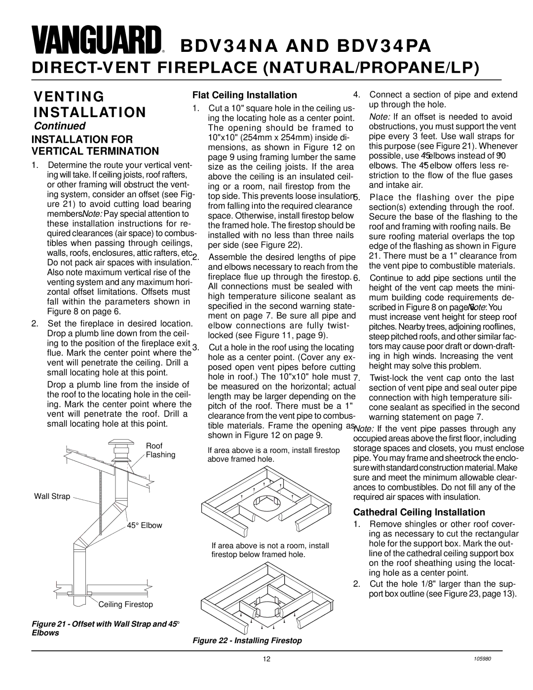 Desa BDV34PA, BDV34NA Installation for Vertical Termination, Flat Ceiling Installation, Cathedral Ceiling Installation 