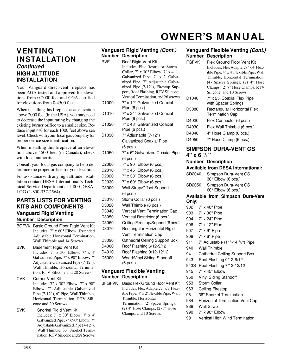 Desa BDV34NA, BDV34PA High Altitude Installation, Parts Lists for Venting Kits and Components, Vanguard Rigid Venting 