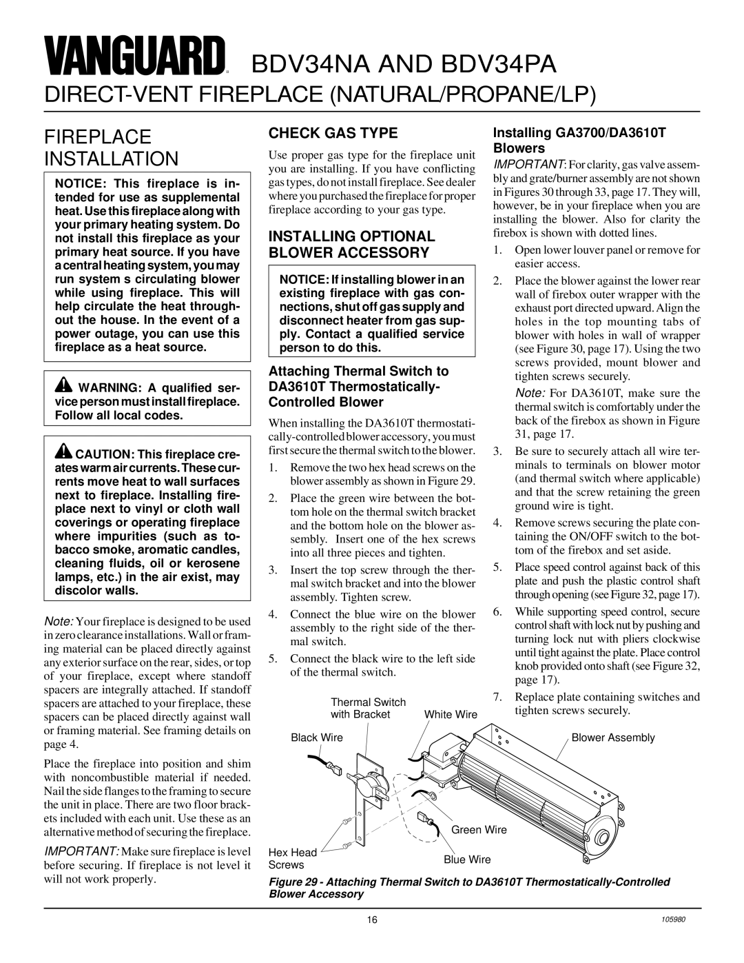 Desa BDV34PA, BDV34NA installation manual Fireplace Installation, Check GAS Type, Installing Optional Blower Accessory 