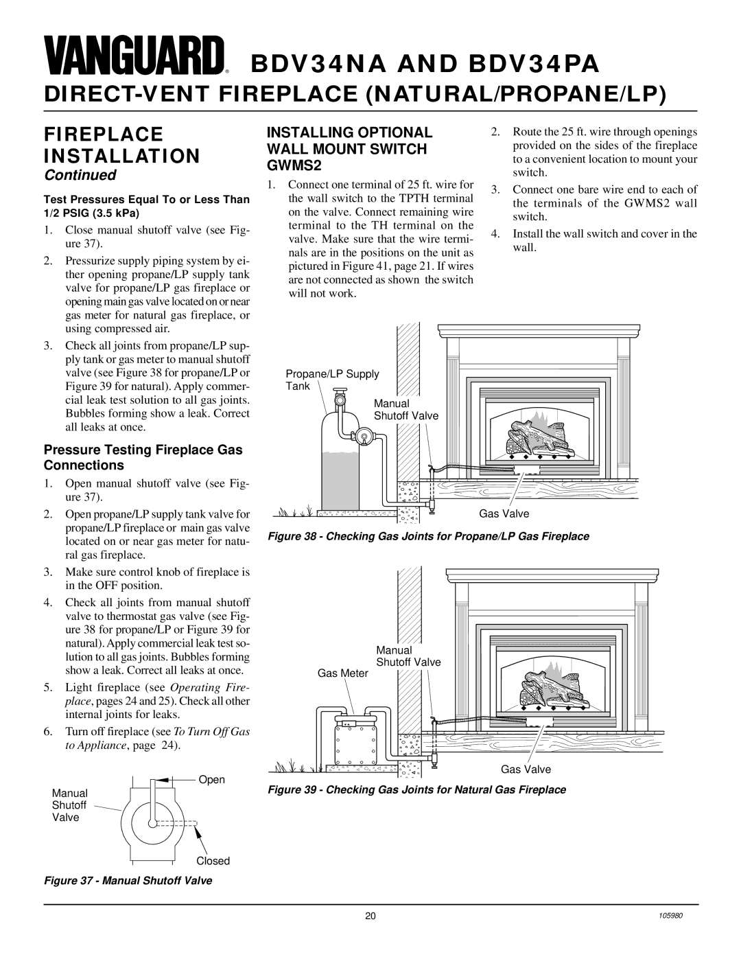 Desa BDV34PA, BDV34NA Installing Optional Wall Mount Switch GWMS2, Pressure Testing Fireplace Gas Connections 