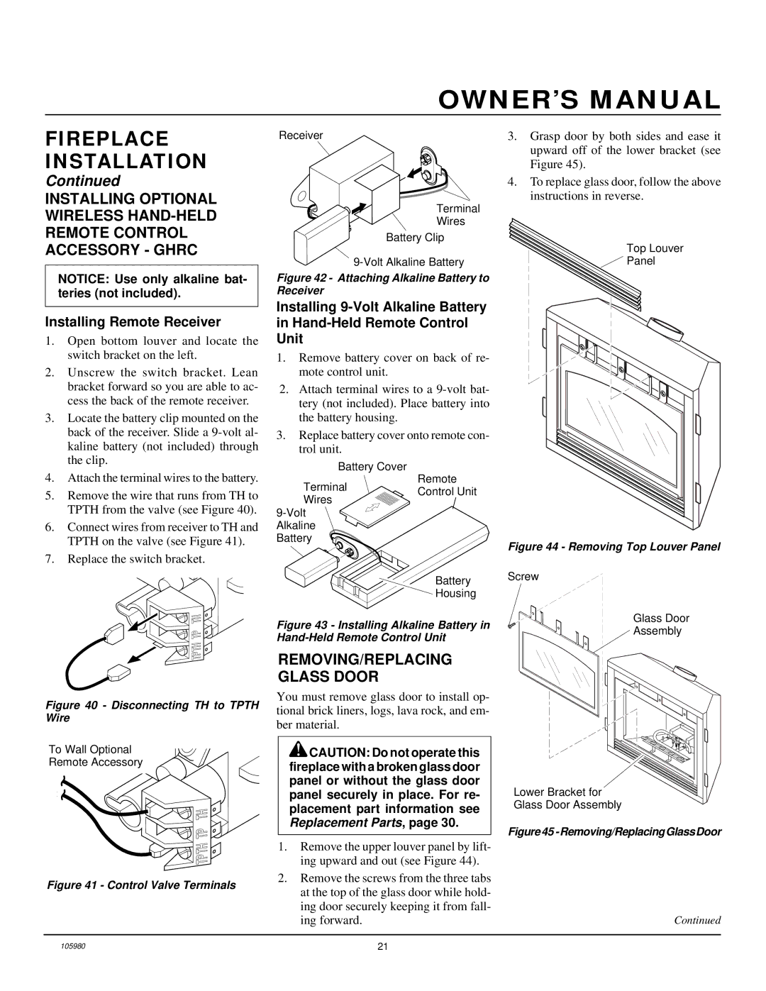 Desa BDV34NA, BDV34PA installation manual REMOVING/REPLACING Glass Door, Installing Remote Receiver 