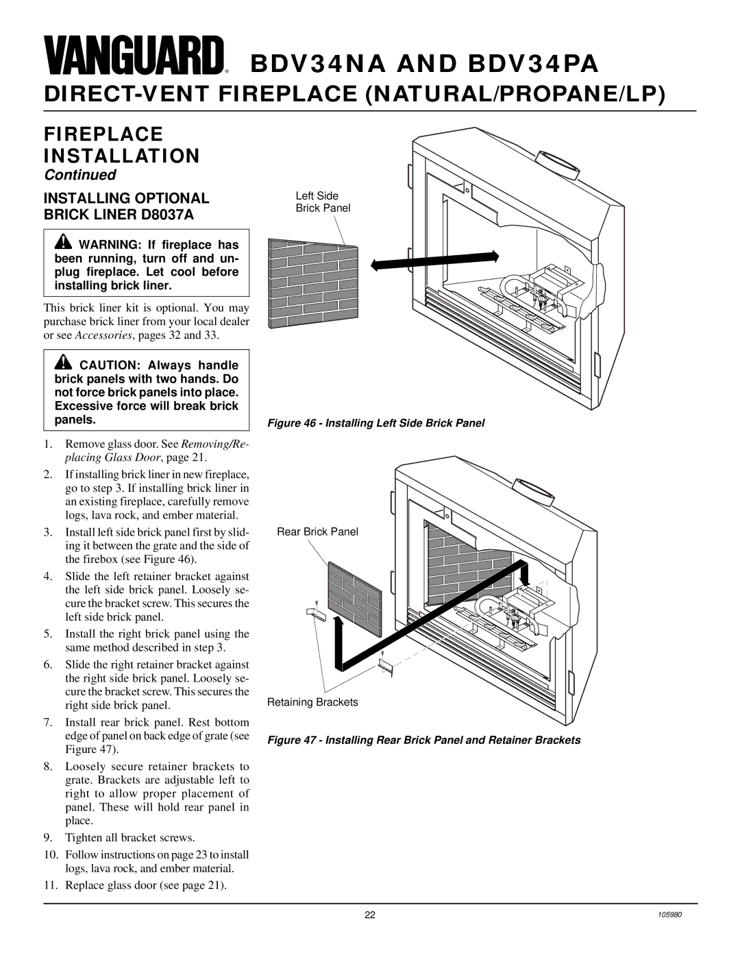 Desa BDV34PA, BDV34NA installation manual Installing Optional Brick Liner D8037A, Installing Left Side Brick Panel 