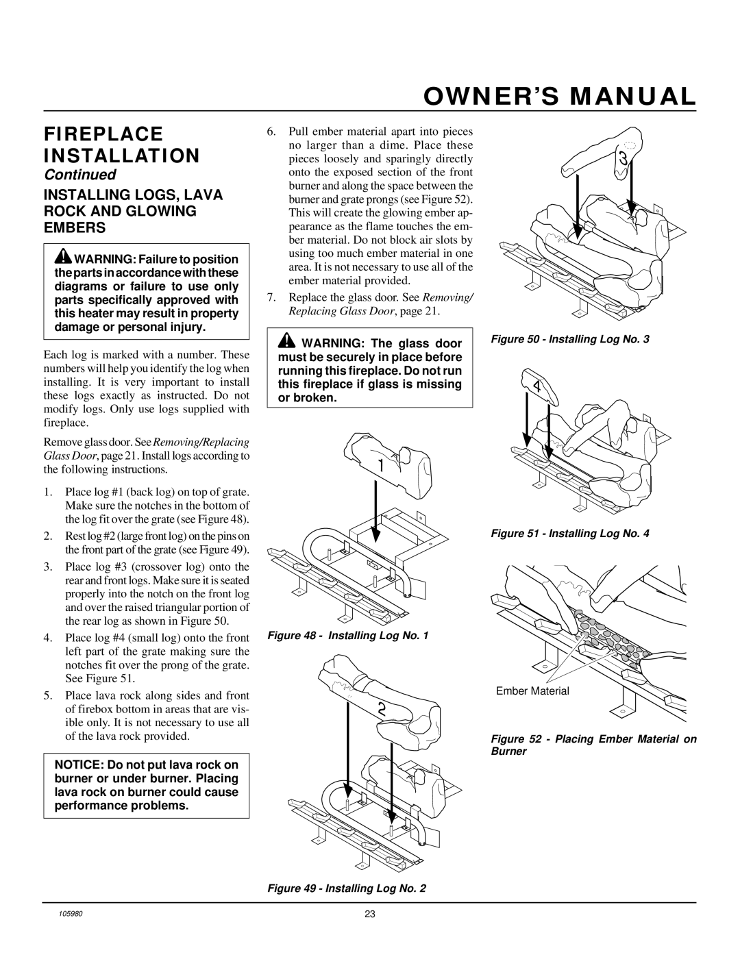 Desa BDV34NA, BDV34PA installation manual Installing LOGS, Lava Rock and Glowing Embers, Installing Log No 