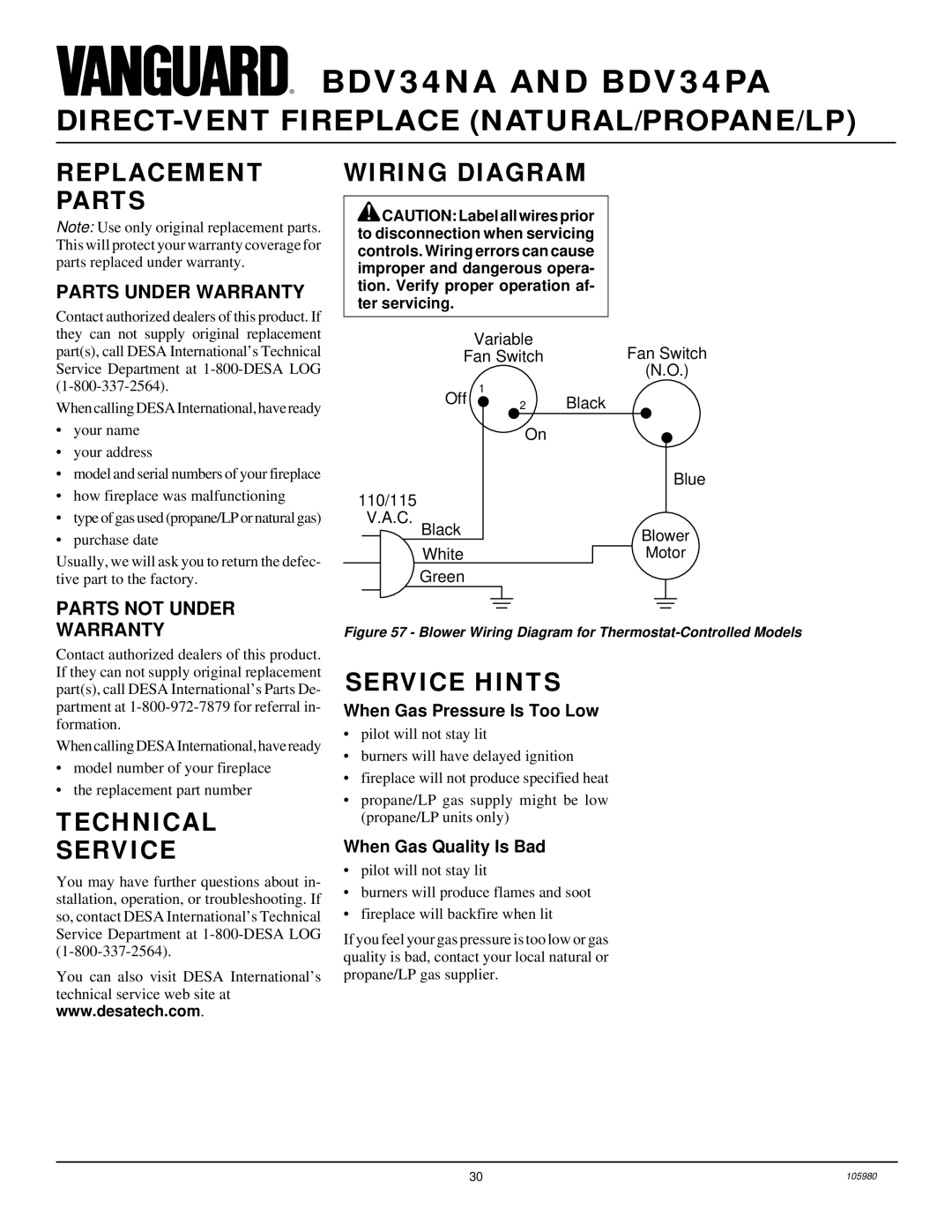 Desa BDV34PA, BDV34NA installation manual Replacement Parts, Wiring Diagram, Technical Service, Service Hints 