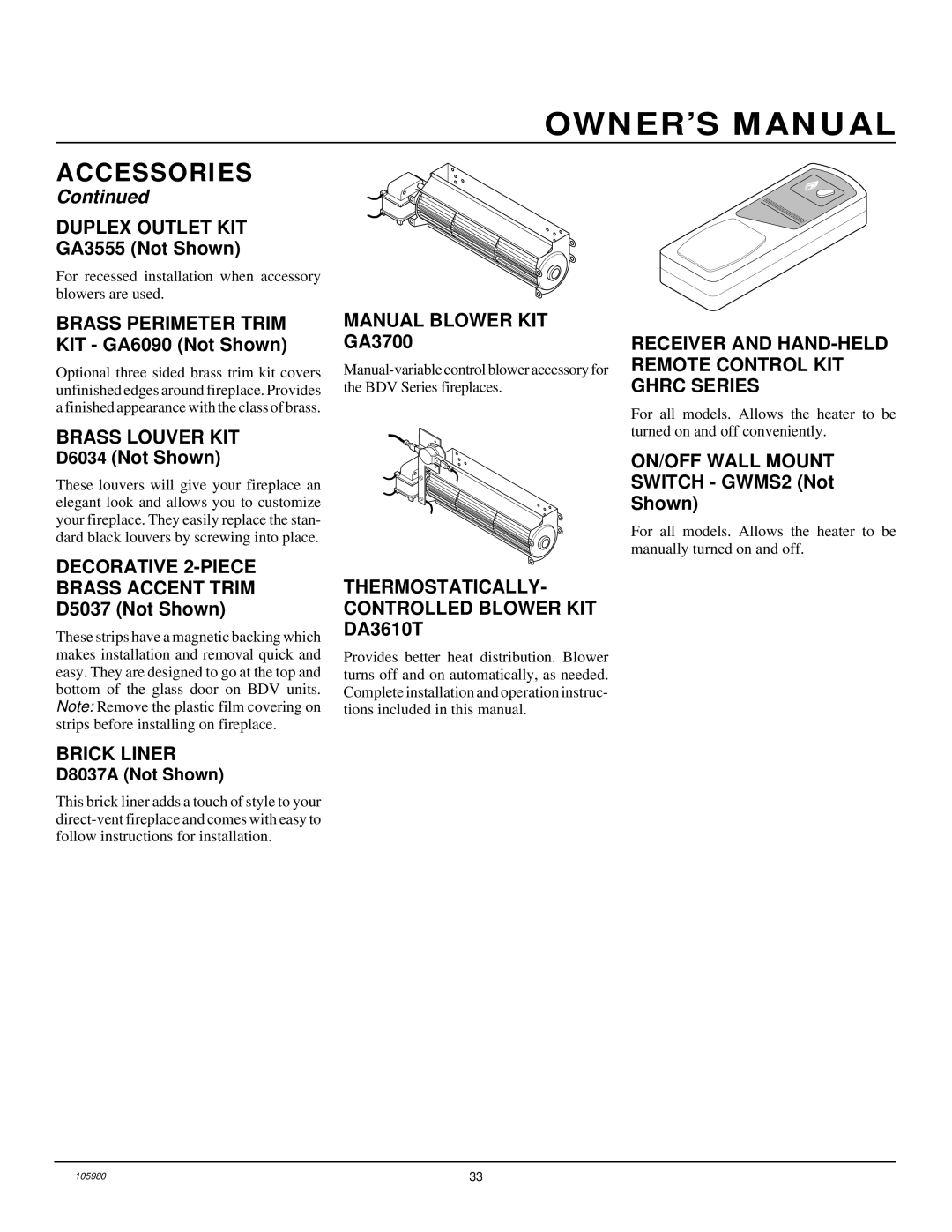 Desa BDV34NA, BDV34PA Duplex Outlet KIT, Manual Blower KIT GA3700, Receiver and HAND-HELD Remote Control KIT Ghrc Series 