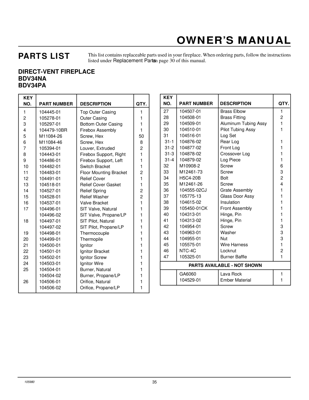 Desa installation manual Parts List, DIRECT-VENT Fireplace BDV34NA BDV34PA 