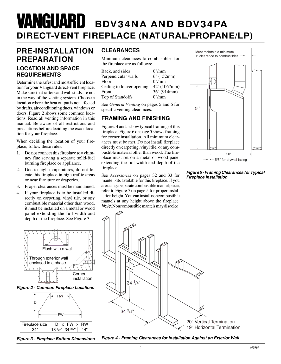 Desa BDV34PA, BDV34NA PRE-INSTALLATION Preparation, Location and Space Requirements, Clearances, Framing and Finishing 