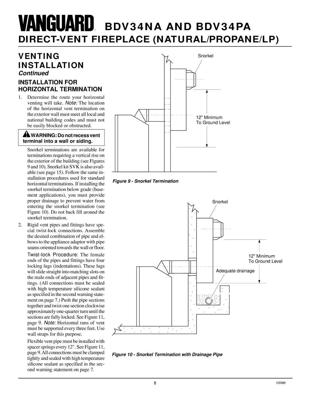 Desa BDV34PA, BDV34NA installation manual Installation for Horizontal Termination, Snorkel Termination 