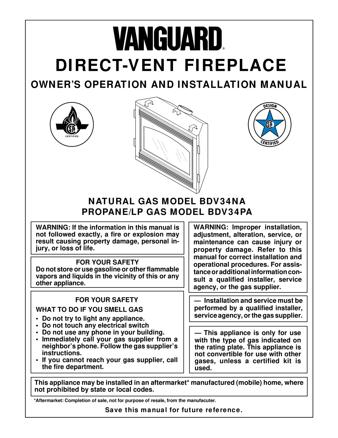 Desa BDV34PA installation manual Owner’S Operation And Installation Manual, NATURAL GAS MODEL BDV34NA, For Your Safety 