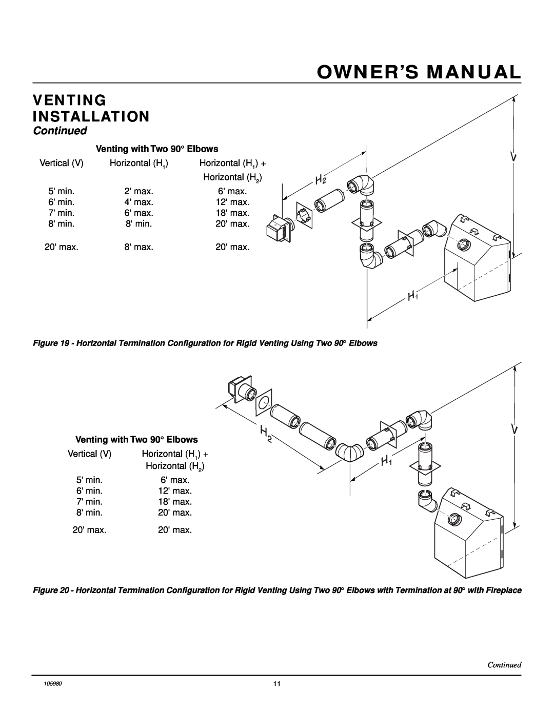 Desa BDV34NA, BDV34PA installation manual Venting Installation, Continued, Venting with Two 90 Elbows 