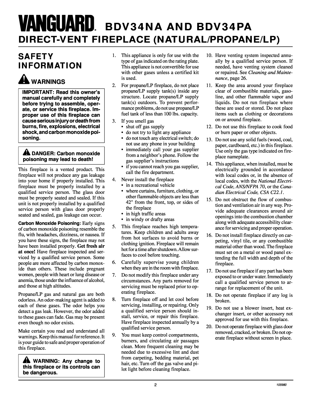 Desa installation manual BDV34NA AND BDV34PA, Direct-Ventfireplace Natural/Propane/Lp, Safety Information, Warnings 