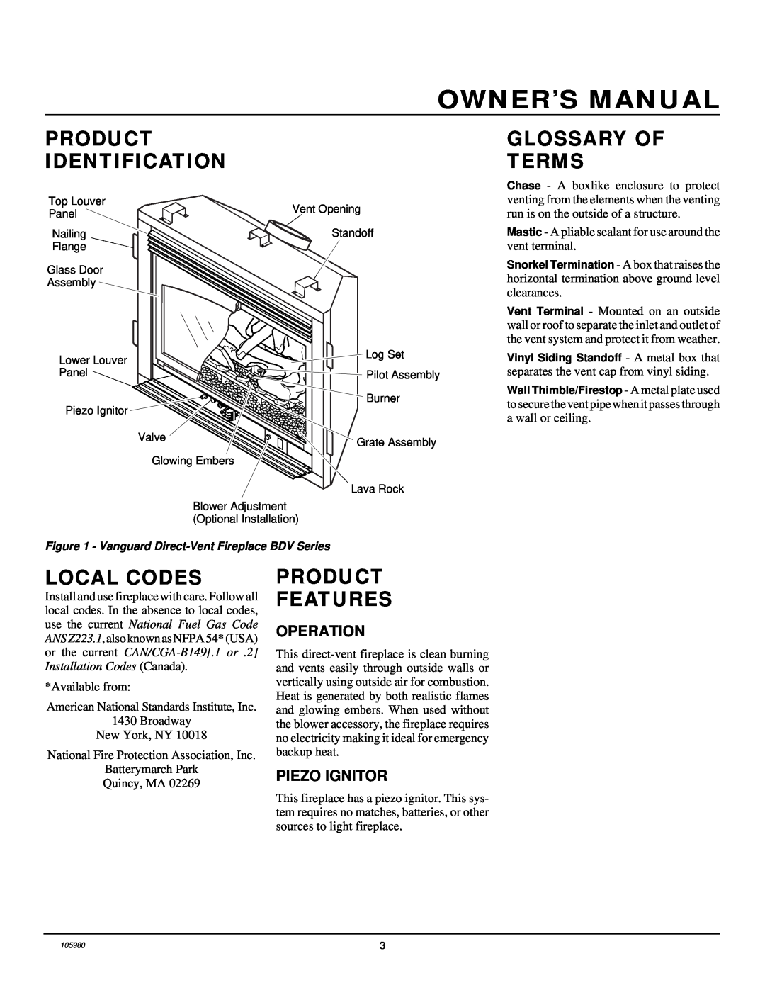 Desa BDV34NA, BDV34PA Product Identification, Glossary Of Terms, Local Codes, Product Features, Operation, Piezo Ignitor 