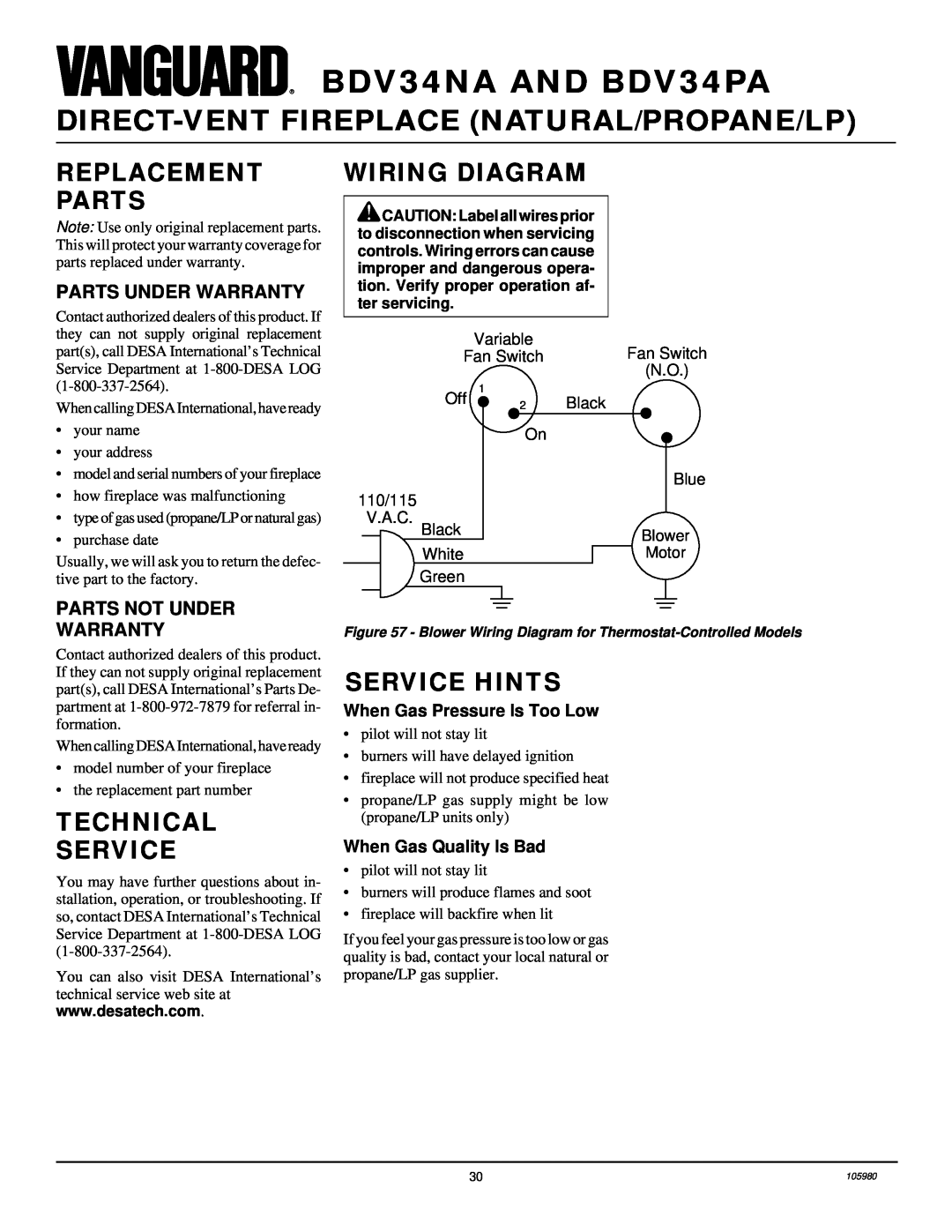 Desa BDV34PA, BDV34NA Replacement Parts, Wiring Diagram, Technical Service, Service Hints, Parts Under Warranty 