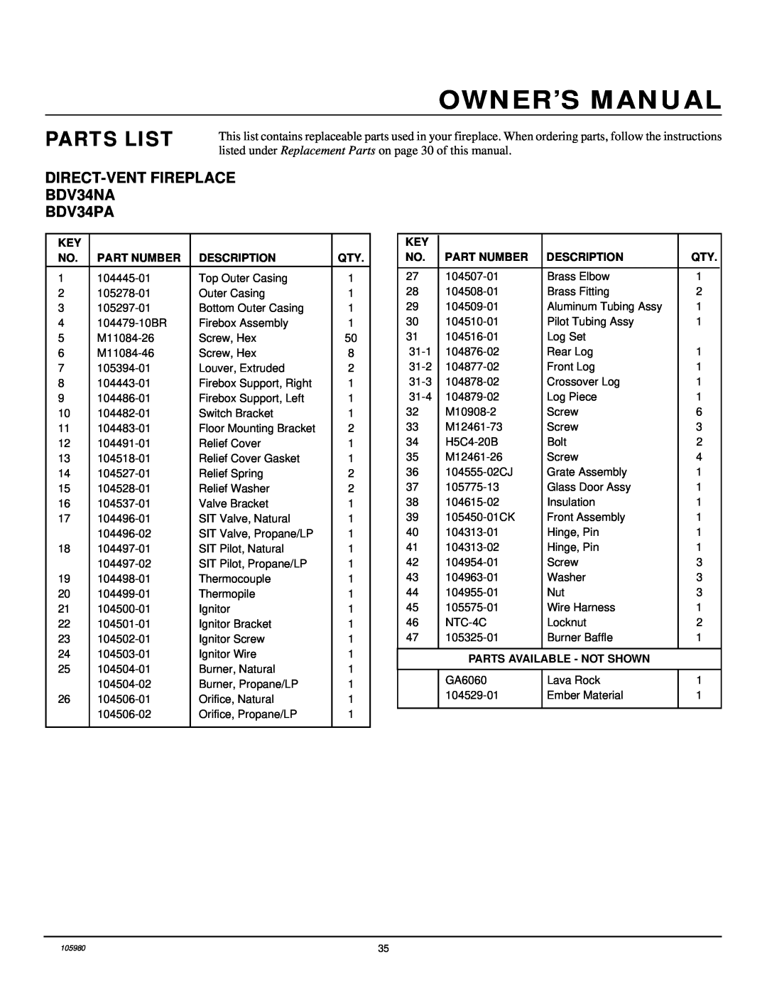 Desa installation manual Parts List, DIRECT-VENTFIREPLACE BDV34NA BDV34PA 