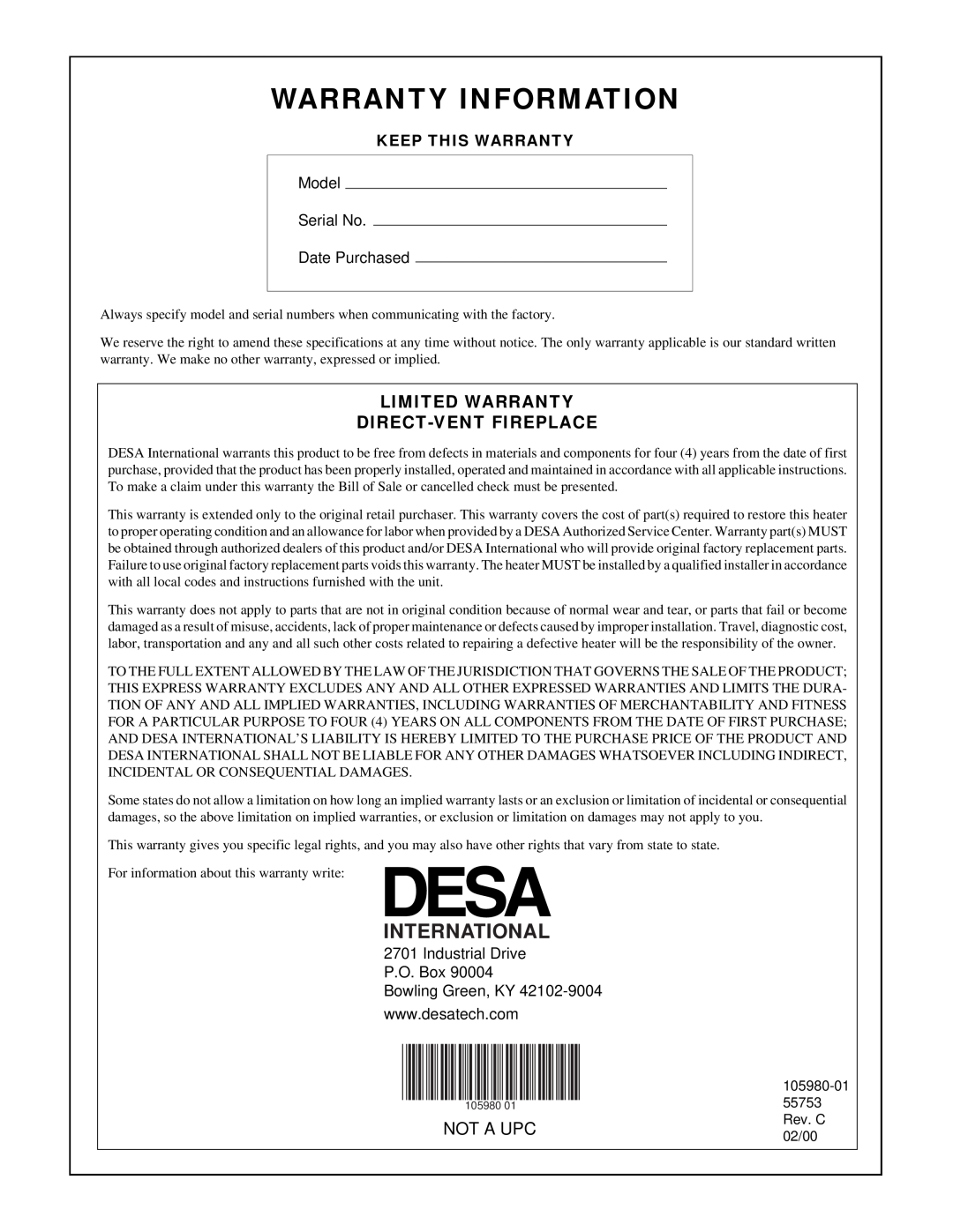 Desa BDV34PA, BDV34NA installation manual Warranty Information, International, Not A Upc 