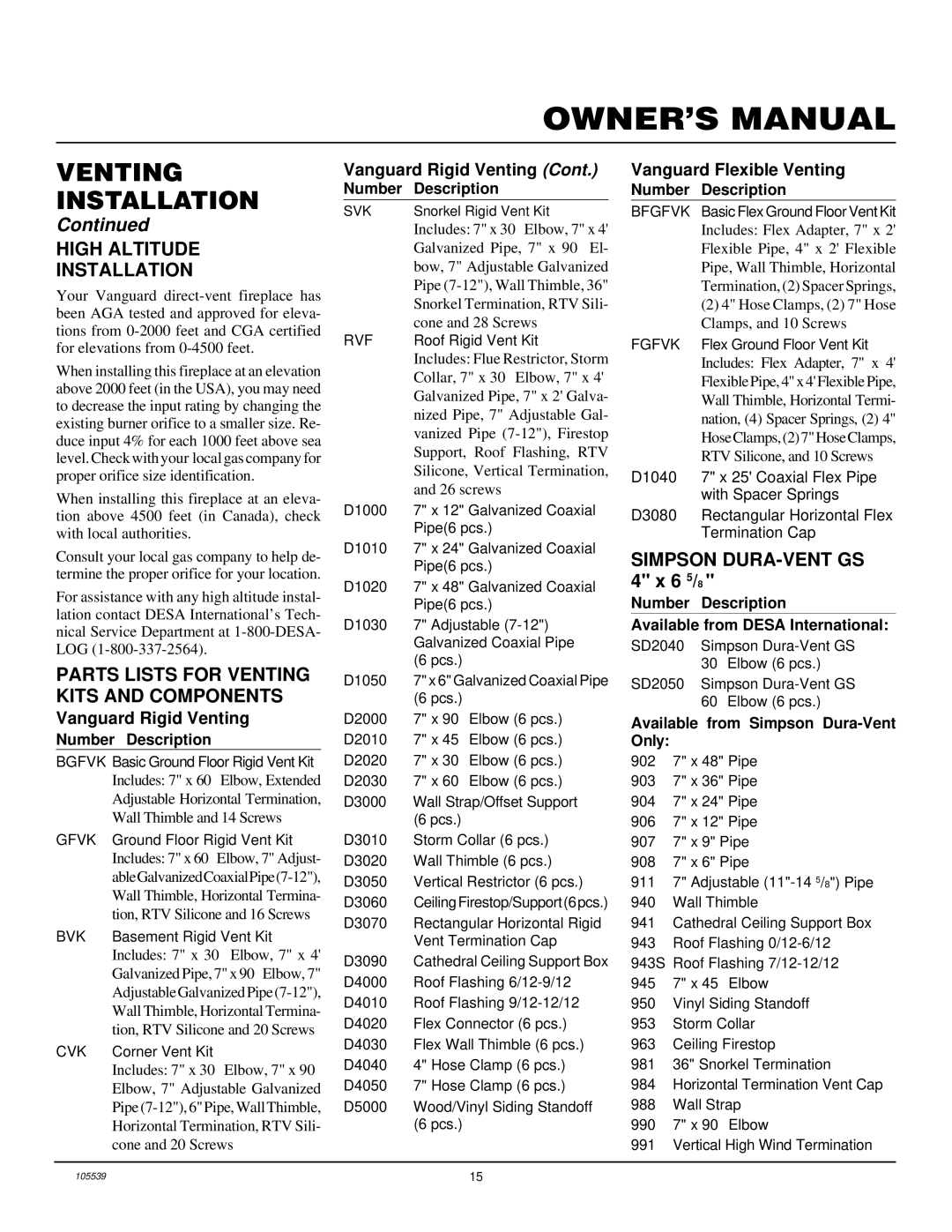 Desa BDV41N/P, BDV37N/P, B) High Altitude Installation, Parts Lists for Venting Kits and Components, Vanguard Rigid Venting 