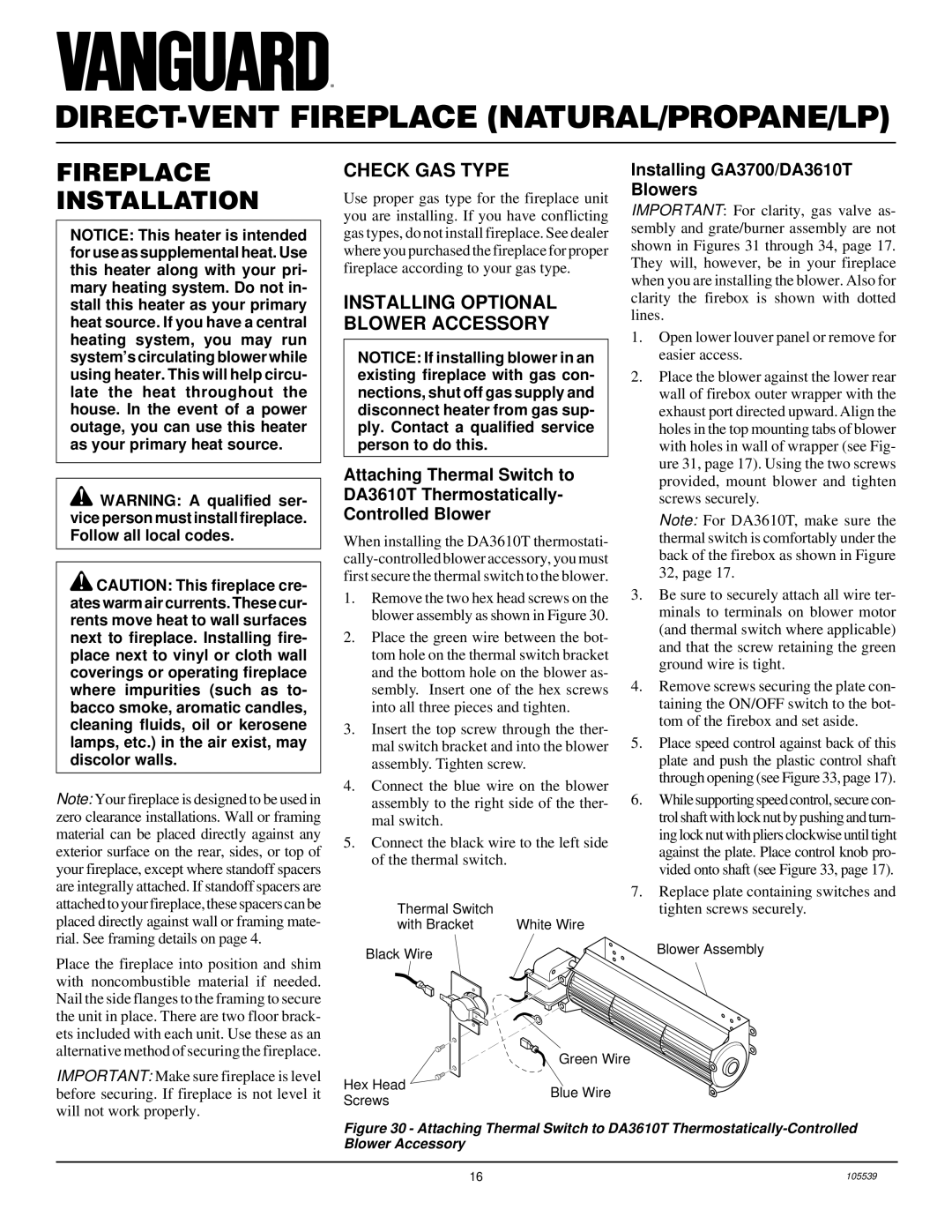 Desa BDV37N/P, BDV41N/P, DDV37N/P, DDV41N/P, B) Fireplace Installation, Check GAS Type, Installing Optional Blower Accessory 