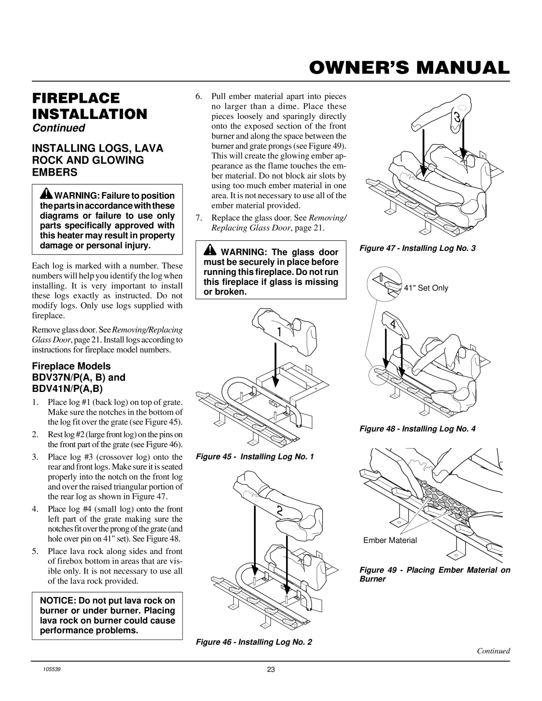 Desa DDV41N/P, BDV41N/P, DDV37N/P, B) Installing LOGS, Lava Rock and Glowing Embers, Fireplace Models BDV37N/PA, B 