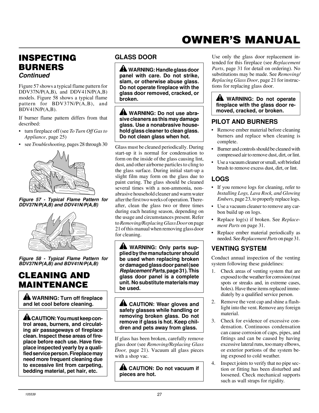 Desa DDV37N/P, BDV41N/P, BDV37N/P, DDV41N/P, B) Cleaning and Maintenance, Glass Door, Pilot and Burners, Logs, Venting System 