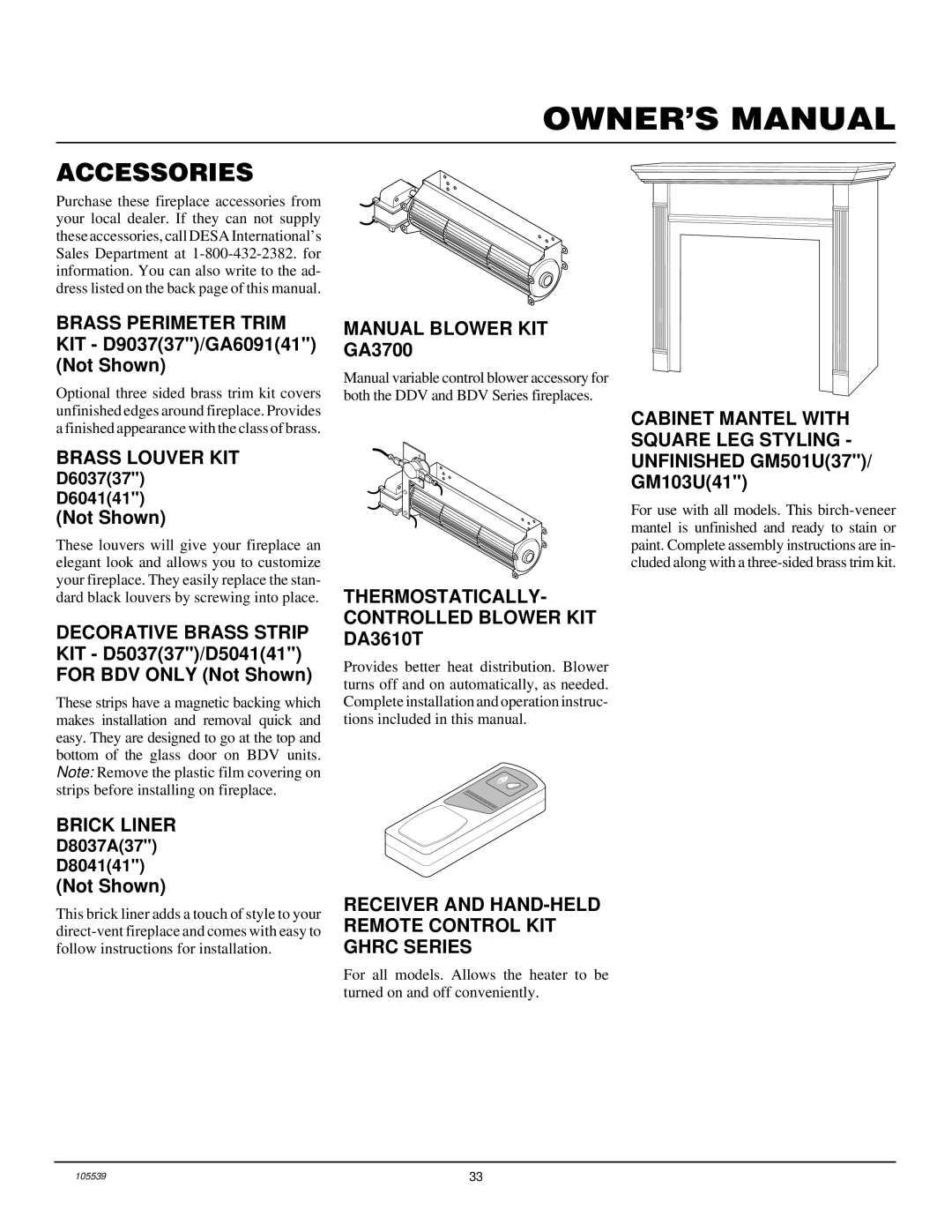 Desa DDV41N/P Accessories, Manual Blower KIT GA3700, Cabinet Mantel with Square LEG Styling Brass Louver KIT, Brick Liner 