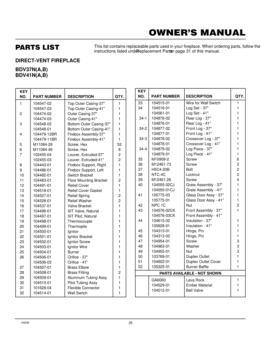 Desa BDV41N/P, BDV37N/P, DDV37N/P, DDV41N/P, B) installation manual Parts List, DIRECT-VENT Fireplace BDV37NA,B BDV41NA,B 