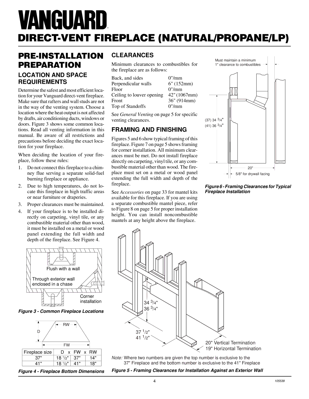 Desa B), BDV41N/P PRE-INSTALLATION Preparation, Clearances, Location and Space Requirements, Framing and Finishing 