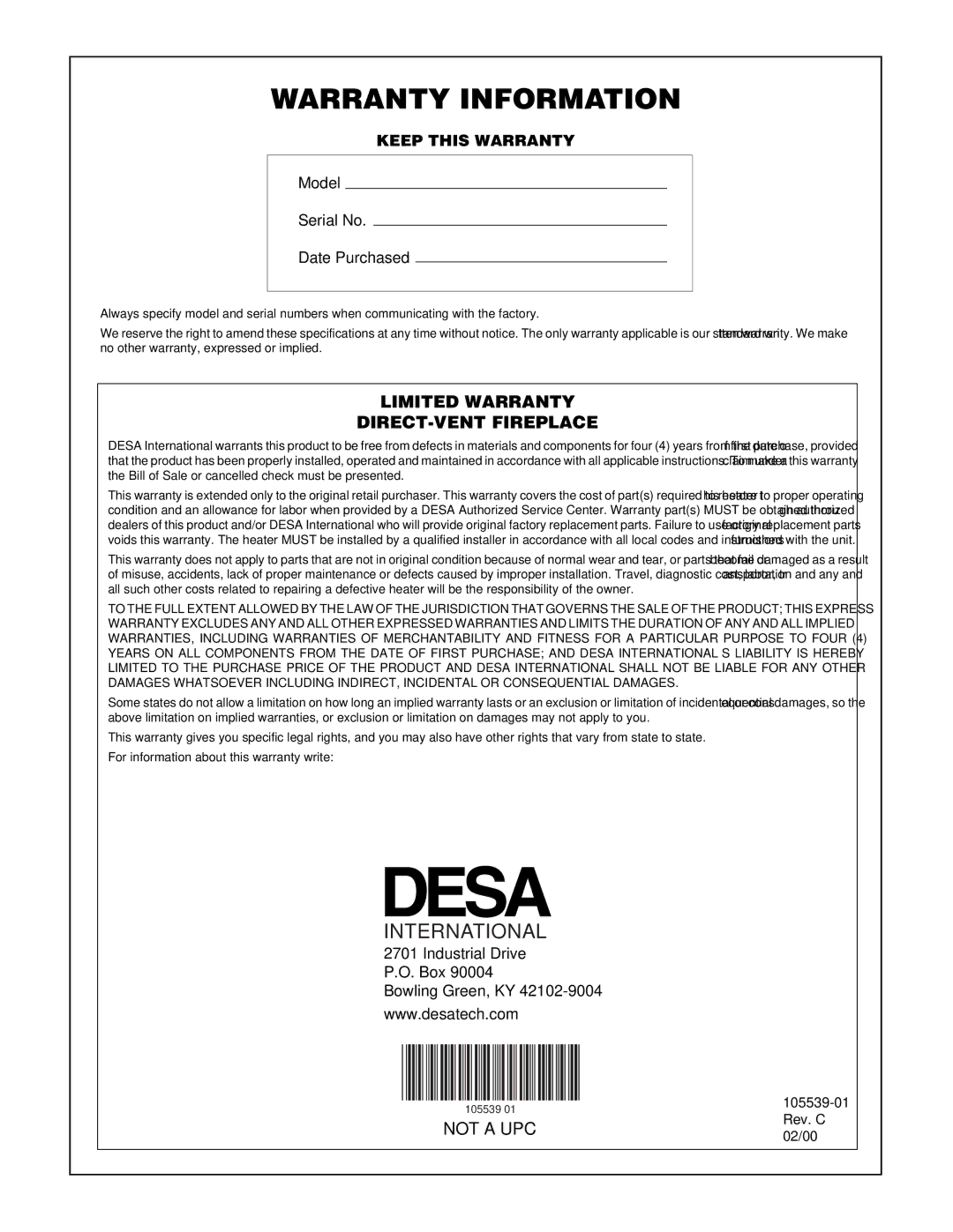 Desa DDV37N/P, BDV41N/P, BDV37N/P, DDV41N/P, B) installation manual Warranty Information 