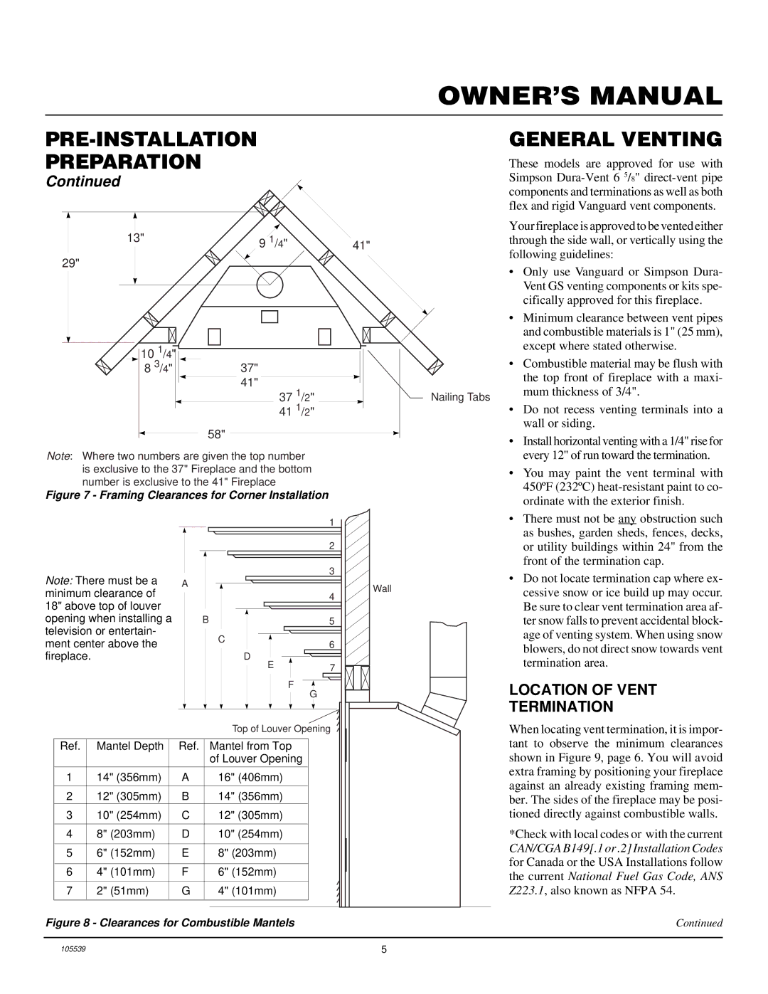 Desa BDV41N/P, BDV37N/P, DDV37N/P, DDV41N/P, B) PRE-INSTALLATION Preparation General Venting, Location of Vent Termination 